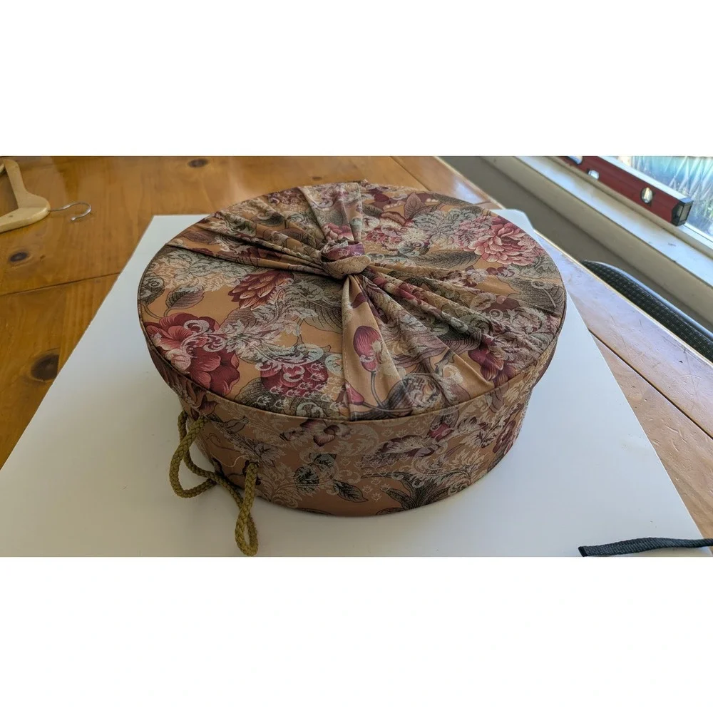 Raymond Waites Once Upon a Rose Floral Tapestry Round Storage Hat Box Gold Cord